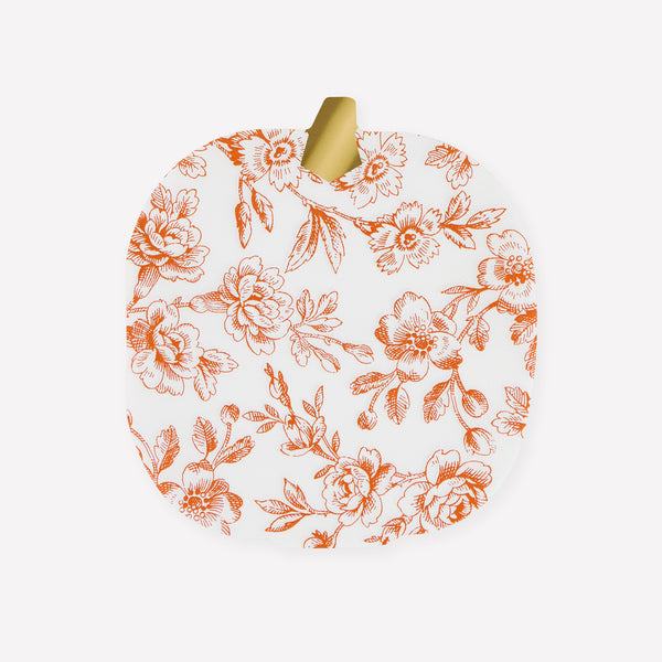 Our paper Thanksgiving napkins, are beautifully shaped like pumpkins with an elegant Toile de Jouy print and shiny gold foil details. Image1