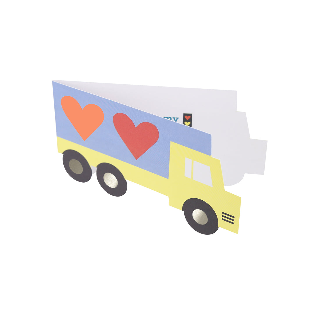 Our Valentine's cards for kids set include brightly colored trucks and Valentine's stickers.