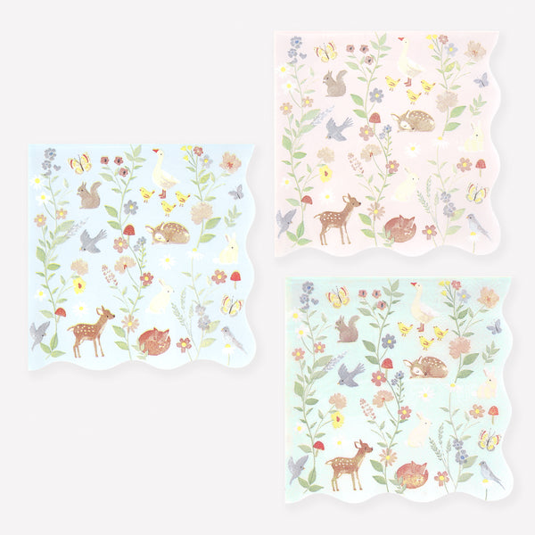 Our paper small napkins, made from 3-ply paper, have an adorable baby animals and floral design in soft colors, ideal for first birthday parties. Image1