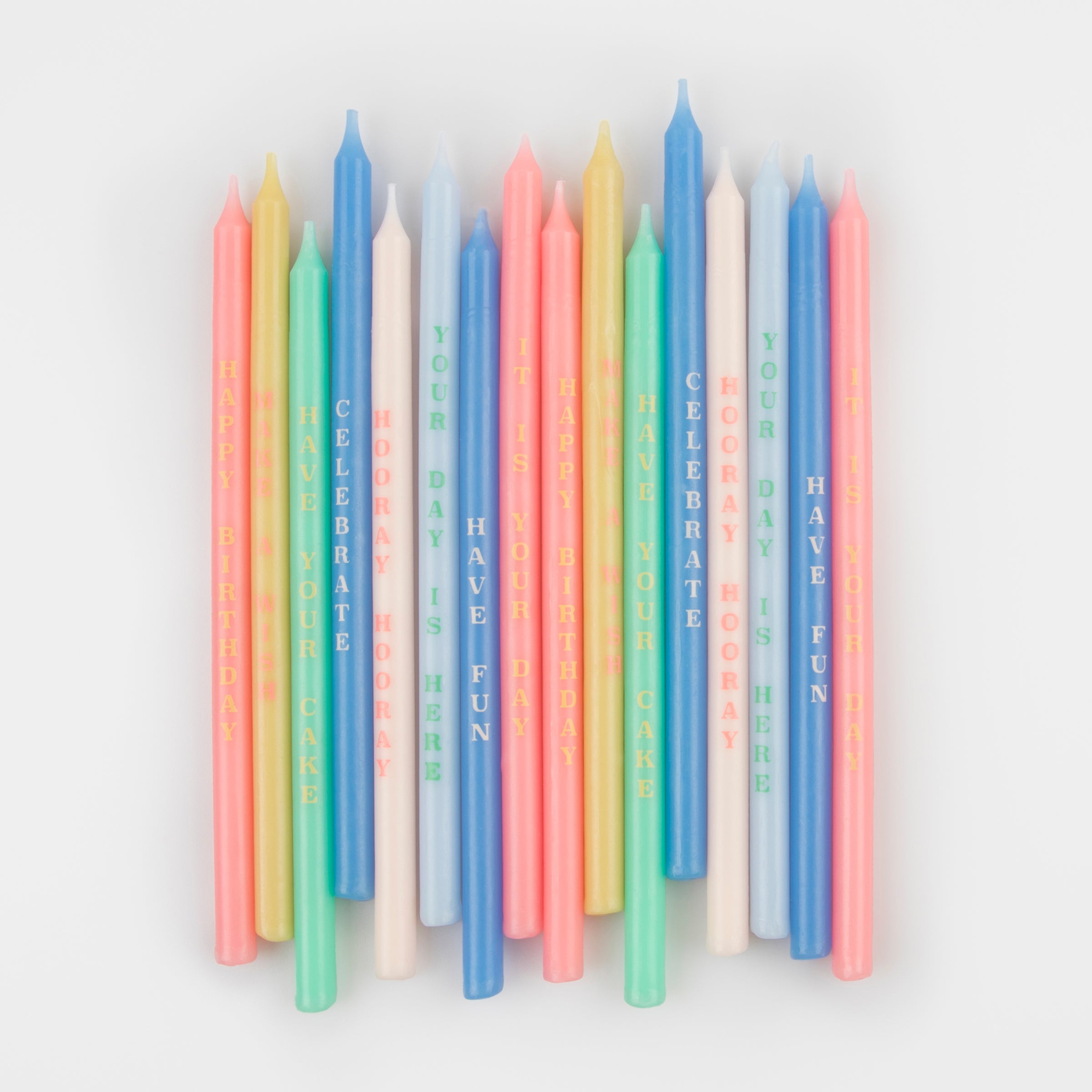 Make your birthday cake look amazing with our special birthday cake candles in bright colors with fun message.