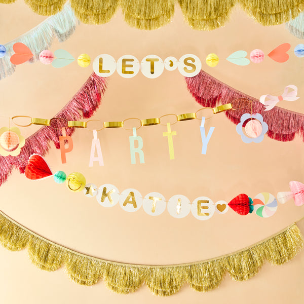 Our party garland features 3 garlands, with a section to personalize the birthday girl or boy's name, perfect to add to your birthday party decor. Image2