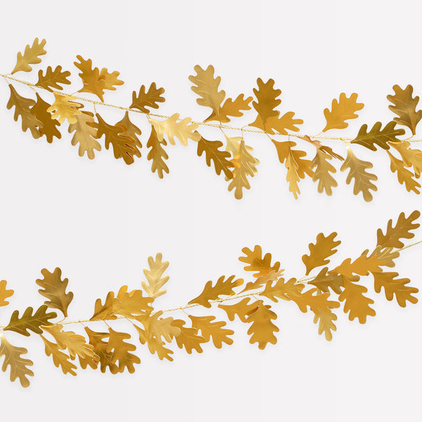 Our  paper garland, with shiny gold foil embossed leaves, is the perfect gold garland for Thanksgiving.