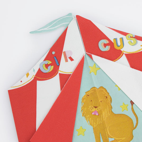 Your circus party will look amazing with our circus napkins in the shape of a big top with a lion. Image2