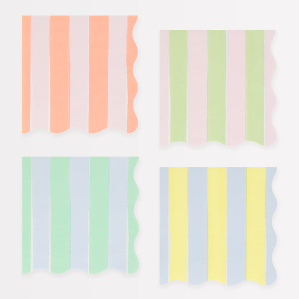 Our striped small napkins in pastel colors are perfect as cocktail napkins and paper napkins for picnics or garden parties.