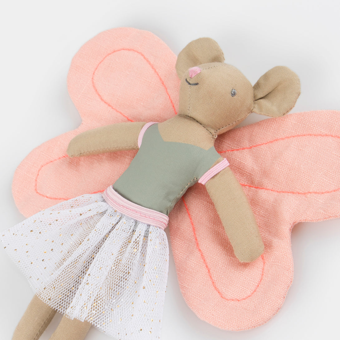 Our special play set includes a mini fabric mouse doll, with fairy wings, and a velvet mushroom drawstring pouch.