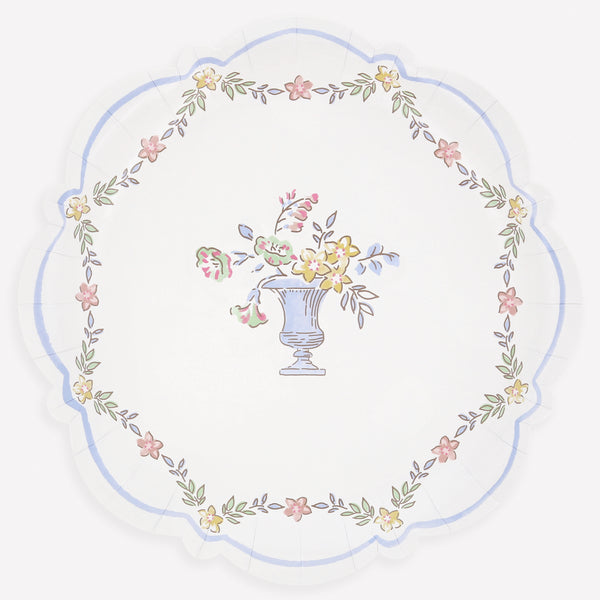 Our dinner plates, made from premium paper, feature a chintz floral border and urn, perfect for elegant meals. Image1