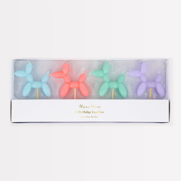 Make your birthday cake decorations look amazing with our fun candles crafted in the shapes of colorful balloon dogs.