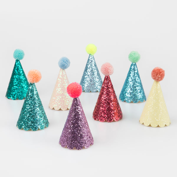 Our party hats have lots of shiny glitter for a party look.