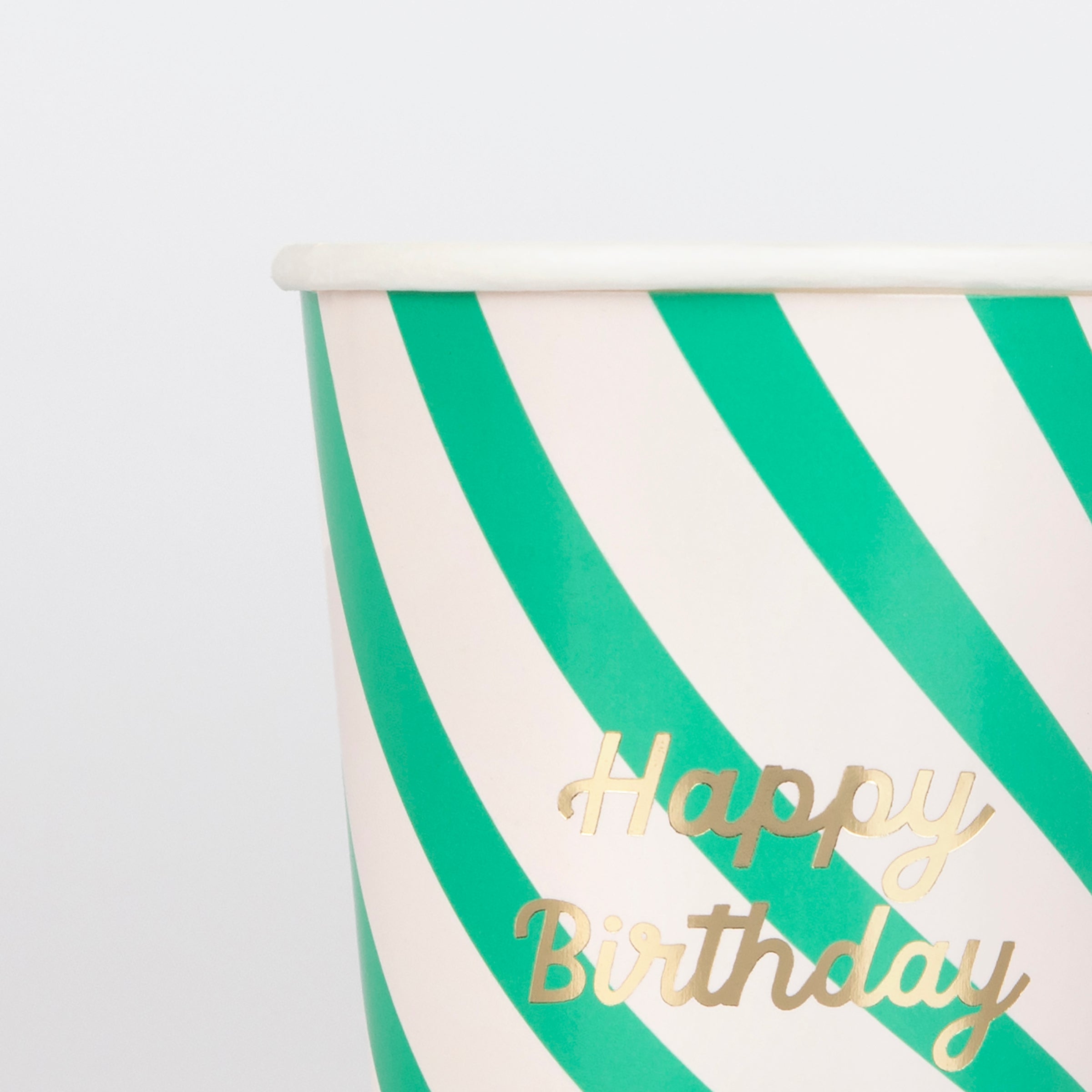 Our birthday cups look amazing with bright stripes of color and shiny gold foil details.