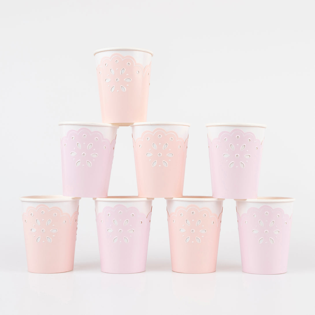 Our party cups are very pretty with their lace design and pink and peach colors.