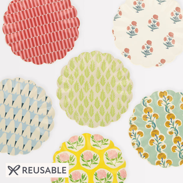 Our reusable side plates, made from melamine, feature Molly Mahon block print designs. Image1