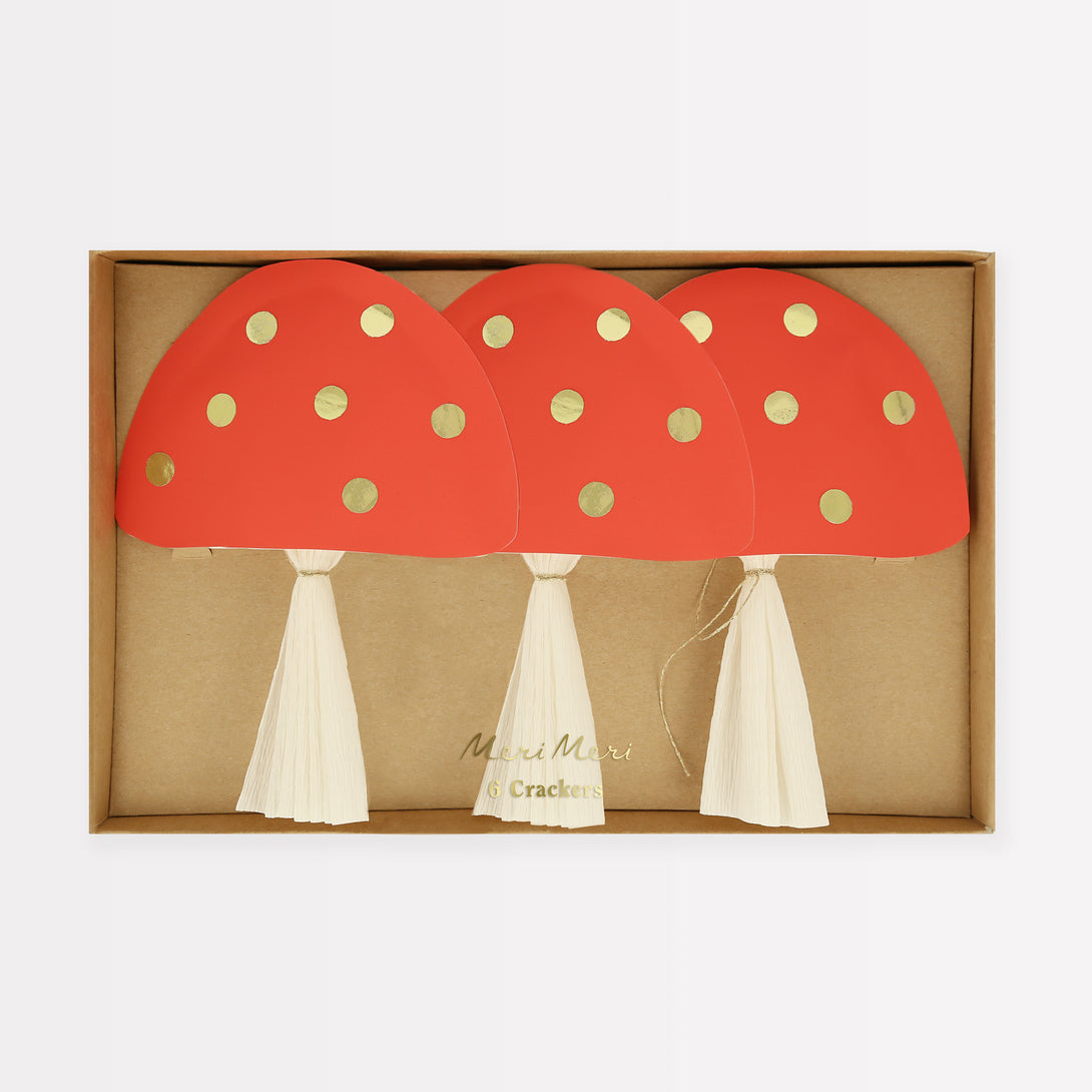 Our luxury Christmas crackers, in the shape of mushrooms, contain a red party hat, a joke and a fun enamel mushroom charm.