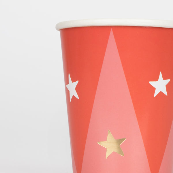 Our circus cups are perfect for a circus themed party, with bright colors and shiny gold foil stars. Image3