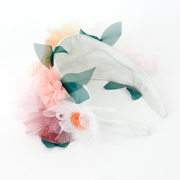Our summery headband is embellished with organza flowers. Image5
