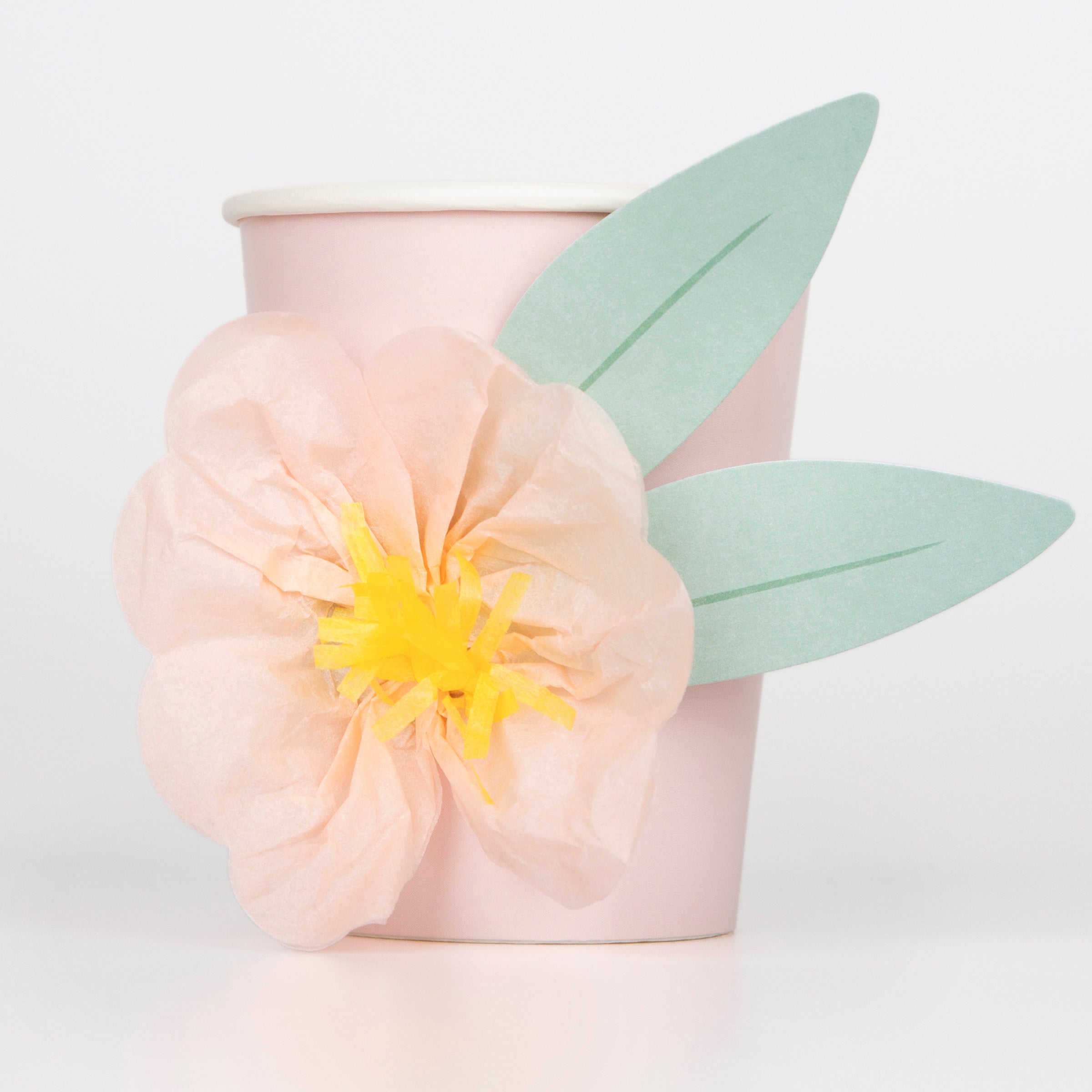 Our party cups have crepe paper flower embellishments, making them ideal as garden party cups, engagement cups or princess cups.
