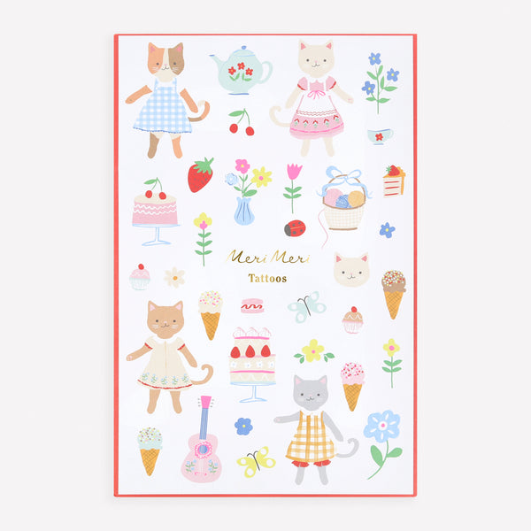 Our temporary tattoos for kids feature colorful and charming designs of kittens and fun icons, perfect for a kitten themed birthday party. Image1