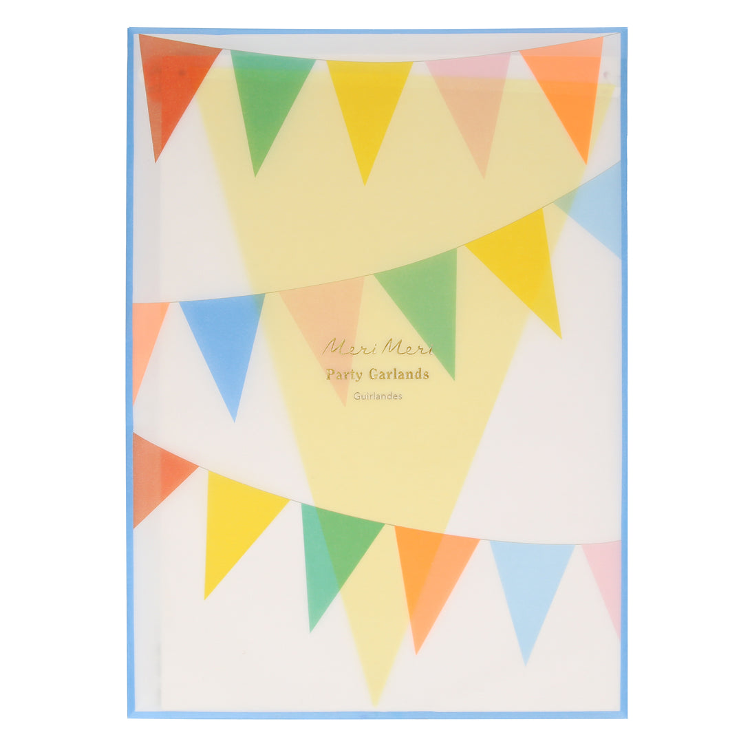 Our paper garland set includes 2 flag garlands in 10 bright colors, ideal for birthday party decorations.