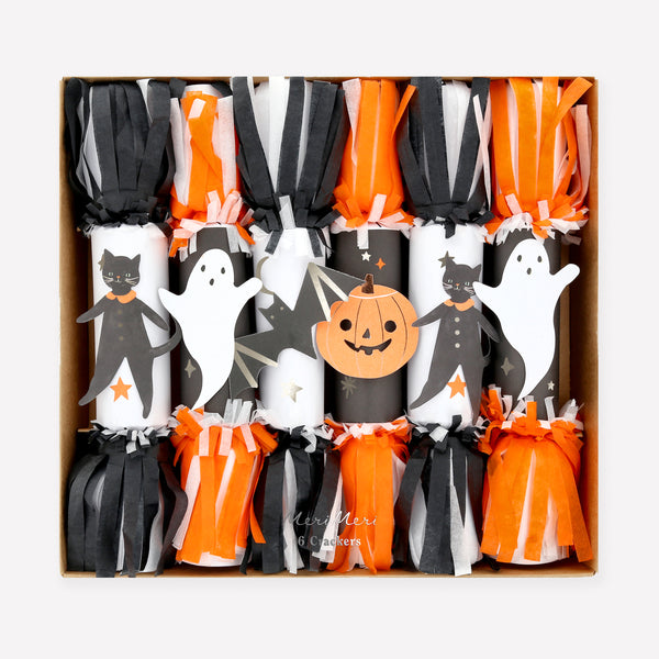 Our crackers feature classic Halloween icons and lots of vibrant fringing, with a paper hat, joke and a fun eraser inside each. Image1