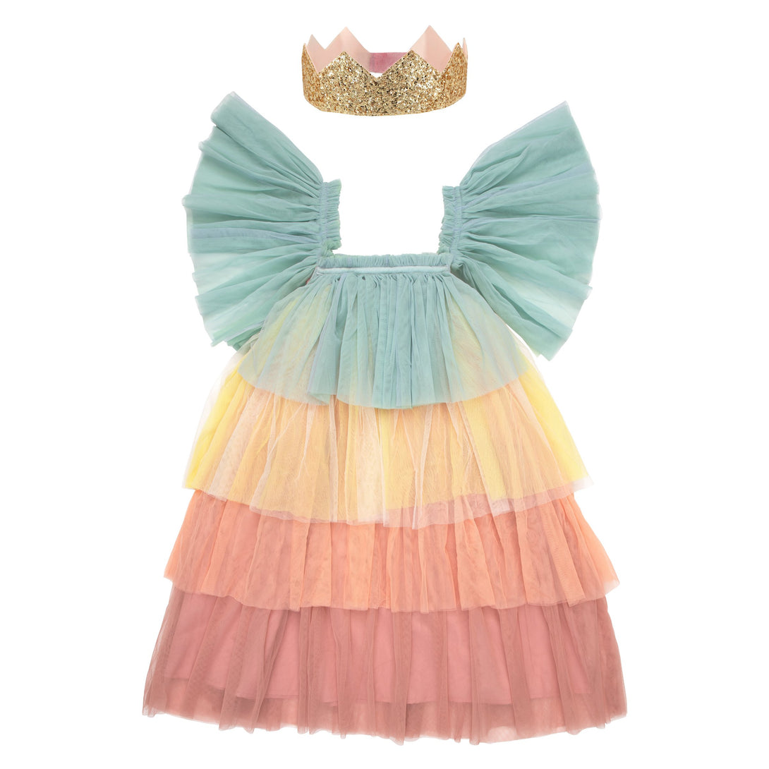 This princess costume for kids is made from colorful tulle layers and comes with a gold princess crown. Image9