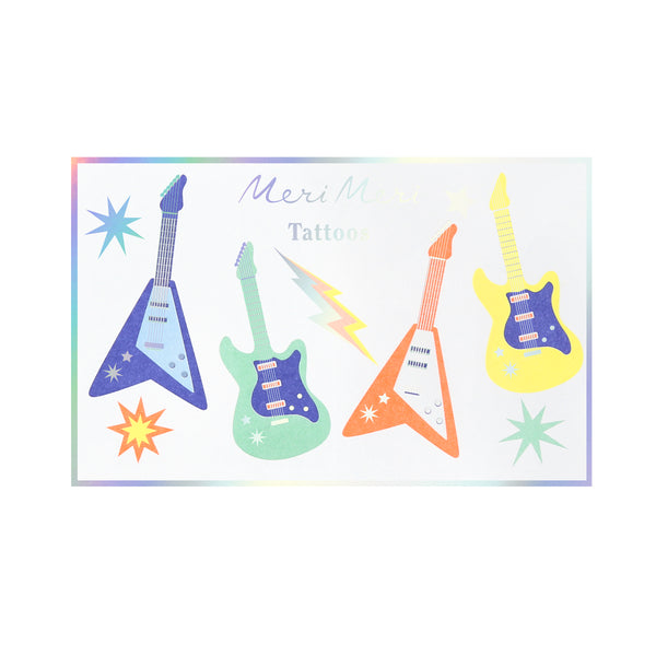 Our temporary tattoos for kids feature electric guitars and other rock party symbols, perfect as party bag gifts or party favors. For 3+. Image1