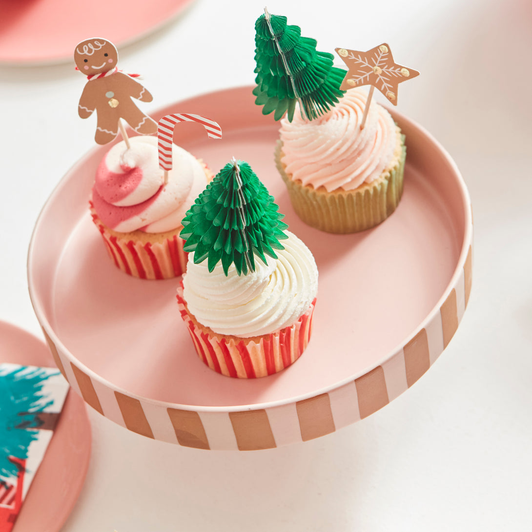 Our special Christmas cupcake kit features festive cupcake toppers and cupcake cases all packaged in a charming paper gingerbread house.