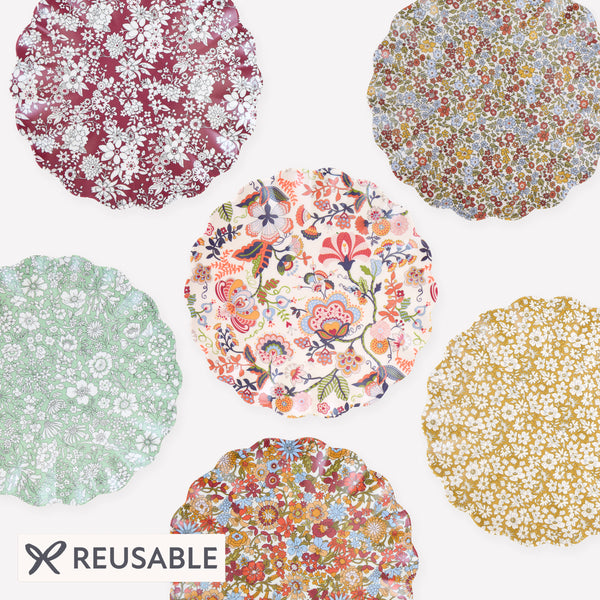 Our small Thanksgiving plates, made from melamine, feature Liberty floral print patterns in rich rustic hues, perfect to reuse each year. Image1