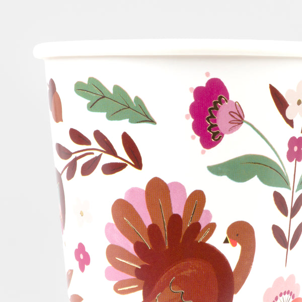 Our party cups feature a folk-inspired design with harvest symbols and rich, earthy colors, ideal for a fall party or Thanksgiving dinner. Image3