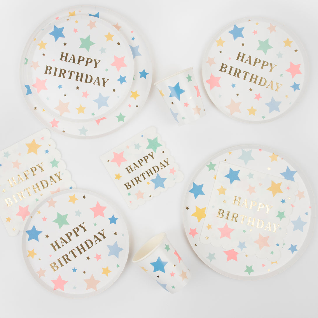 Our party plates have colorful stars and gold letters, perfect as birthday party plates.