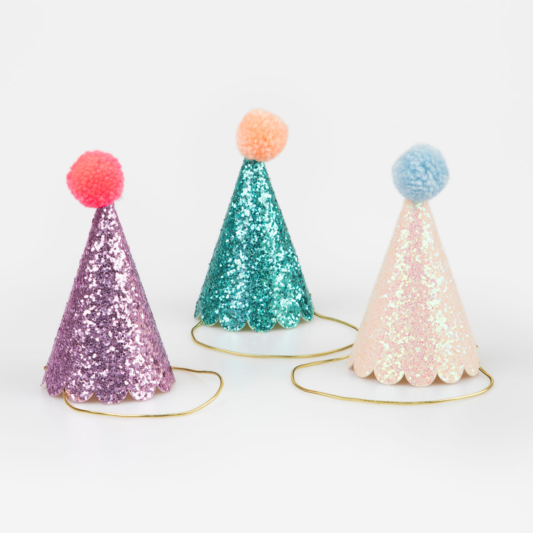 Our party hats have lots of shiny glitter for a party look.