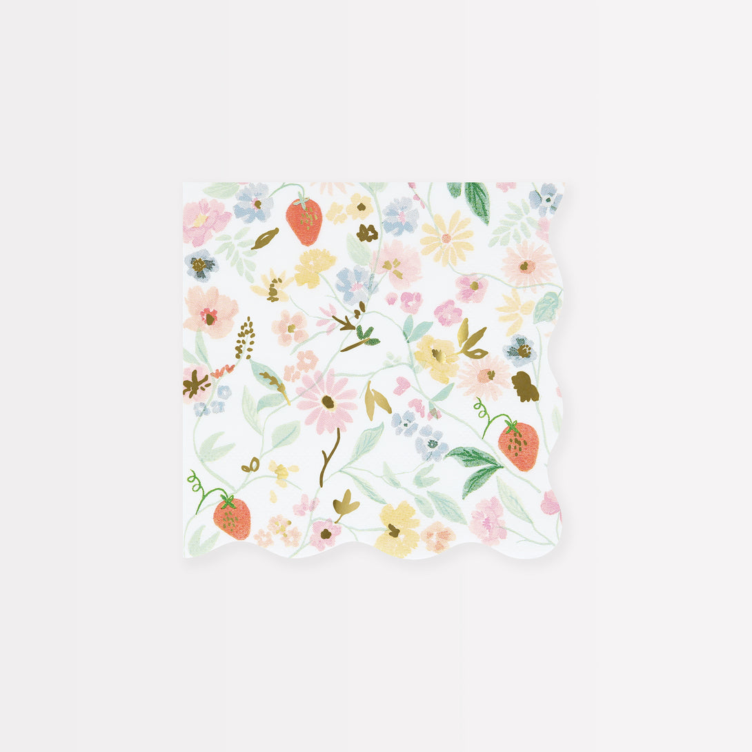 Our party napkins, with flowers and strawberries, and wavy borders look great for garden parties or picnics.