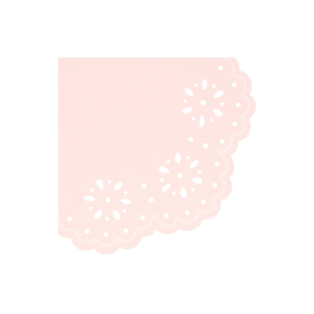 Our large party napkins, pink and peach napkins, have a pretty embossed lace design.