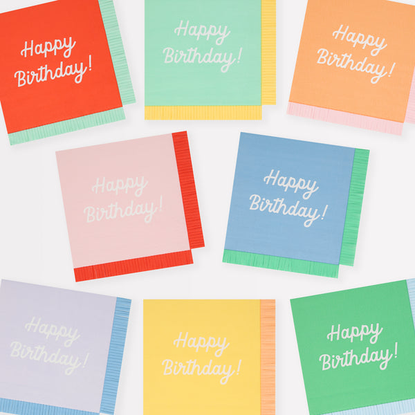 Our paper birthday napkins are made in bright colors with the words Happy Birthday on them.