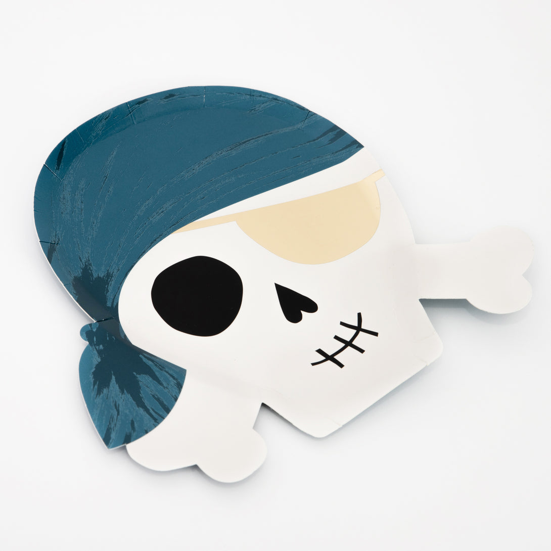 Our paper plates, perfect for a pirate birthday party, have skull and crossbone designs with colorful bandanas.