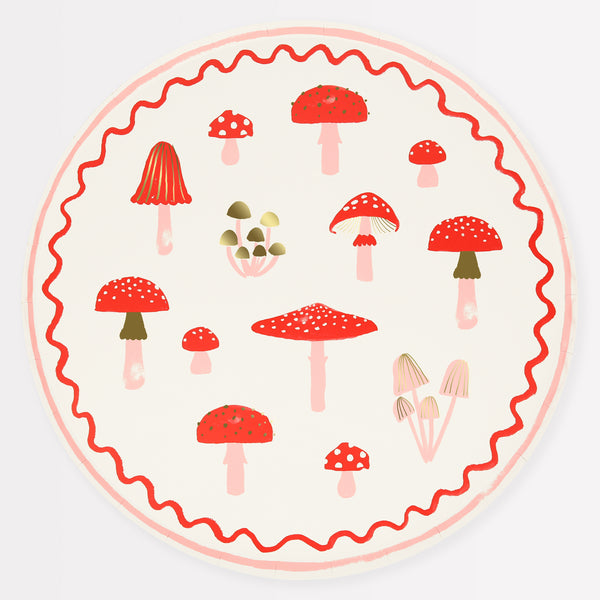 Our Christmas paper plates feature mushroom in festive red and white with stylish modern pink and gold foil details.