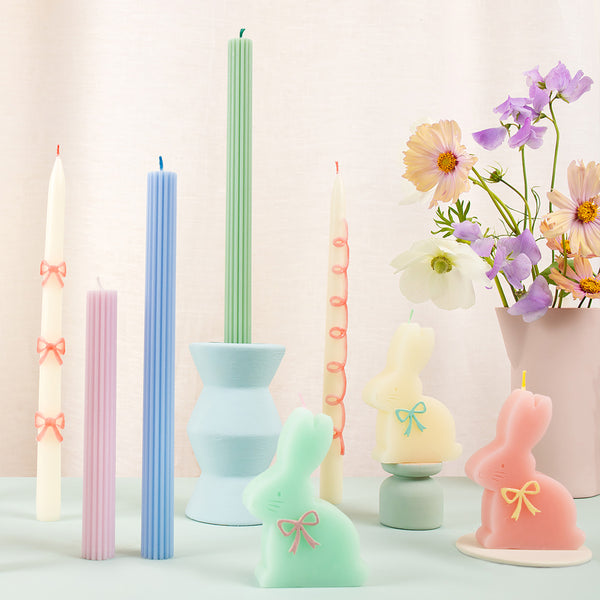 Our Easter candles, in the shape of bunnies with colored bows and wicks, are perfect for Easter cakes or as Easter decorations. Image2
