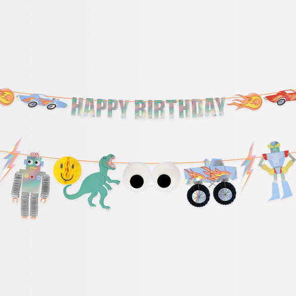 Our special decoration is both a birthday garland and a garland to decorate a bedroom or playroom, with monster trucks and more. Image1