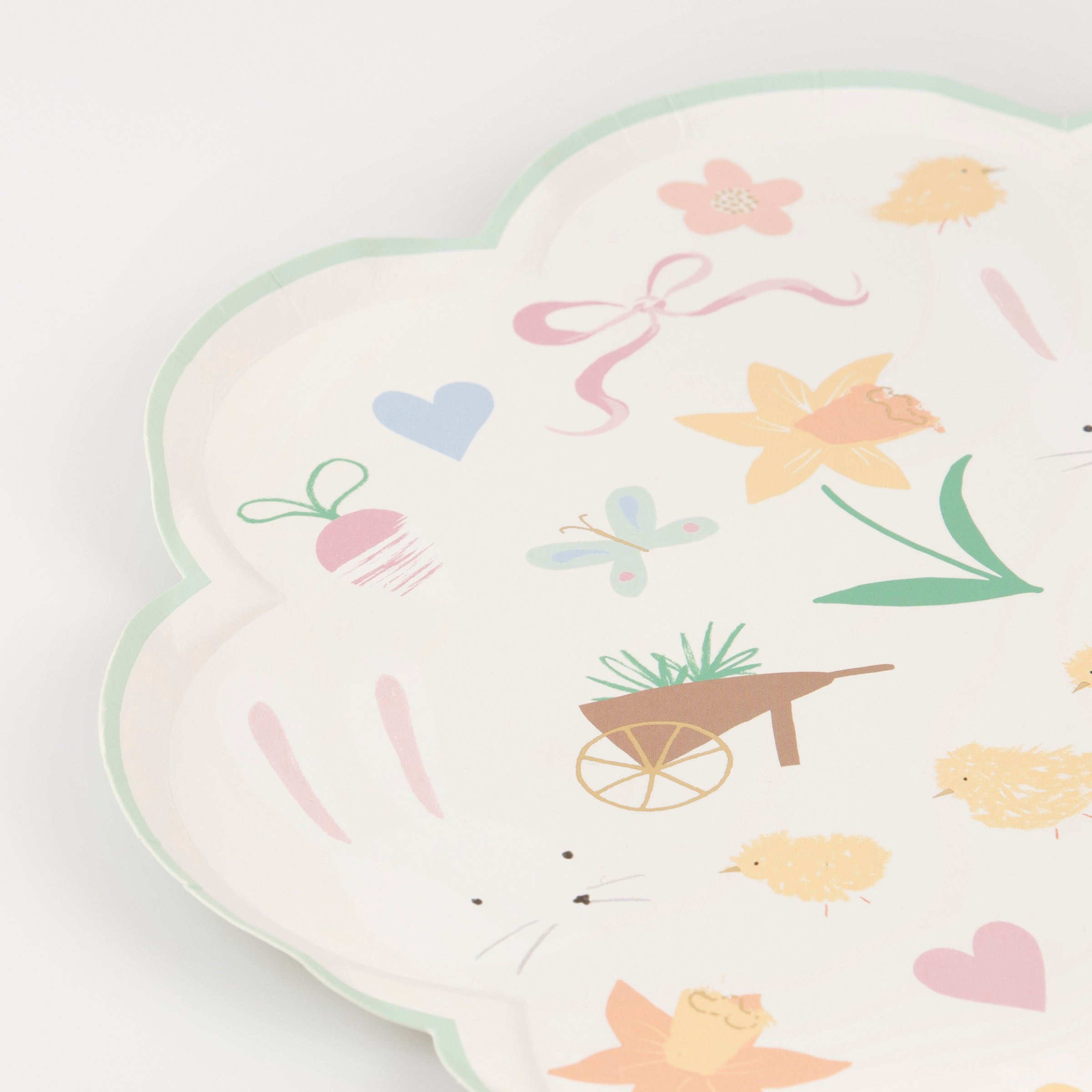 Our party pastel plates, with colored borders, features Easter bunnies, eggs and chicks.