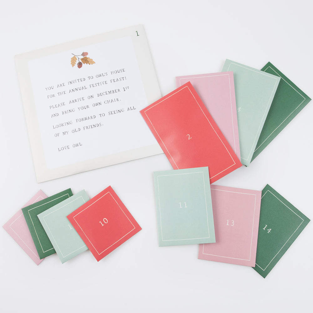 Numbered advent envelopes in pink and green