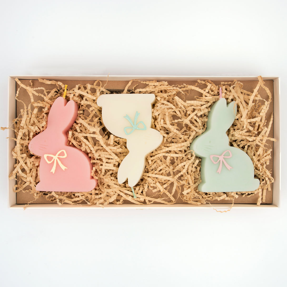 Our Easter candles, in the shape of bunnies with colored bows and wicks, are perfect for Easter cakes or as Easter decorations.