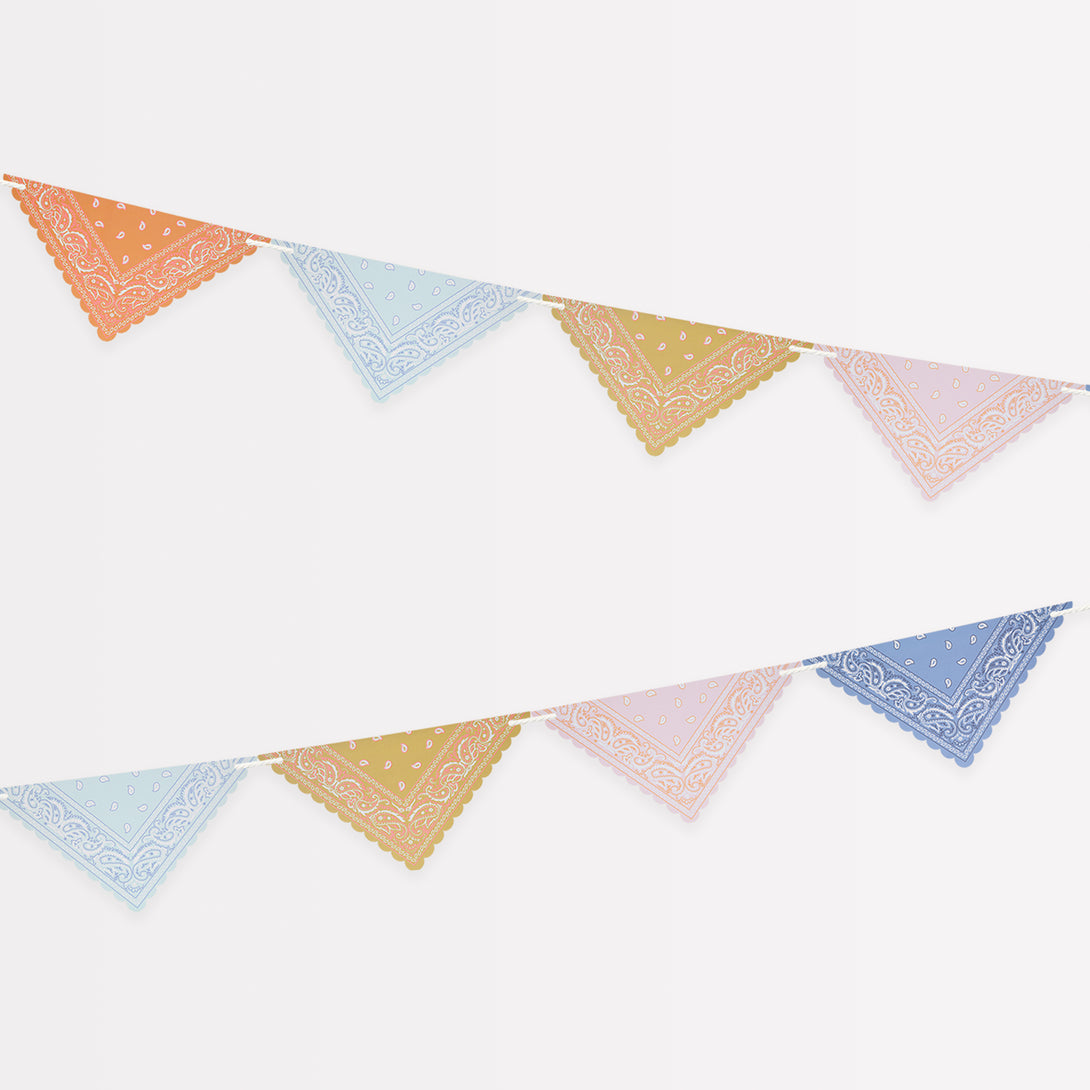 Our party garland, crafted to look like bandanas, is ideal for a Western party theme.