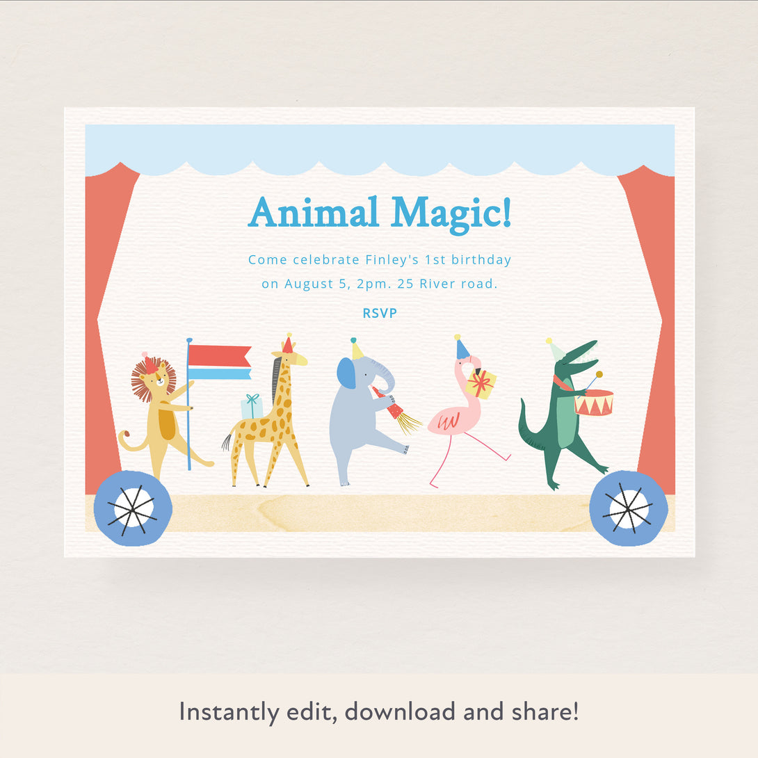 Our personalized party invitation, featuring an adorable animal design, is perfect for a circus party or a child's birthday party.