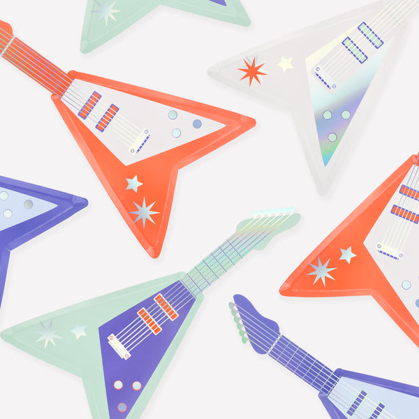 Make your rock party look amazing with our paper electric guitar shaped plates, holographic foil and neon pops of color add style and shimmer. Image1