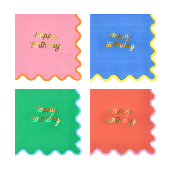 Our birthday napkins, made from 3-ply paper, feature four bright colorways, a ricrac style edge, and a shiny gold foil birthday message. Image1