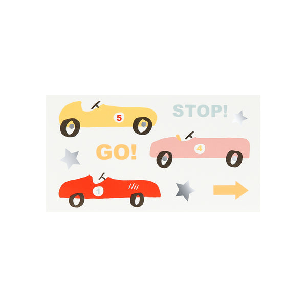 Kids love temporary tattoos and will be thrilled by these classic race car designs. Pop into party bags or share out as party favors. Image4
