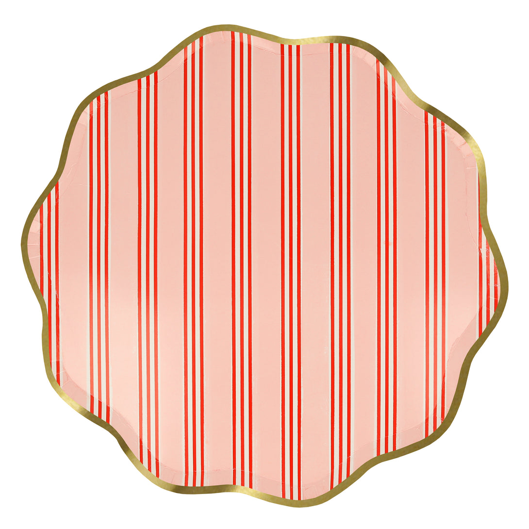 Our Christmas  paper plates feature stylish stripes in festive colors, wavy edges and shiny gold foil borders.