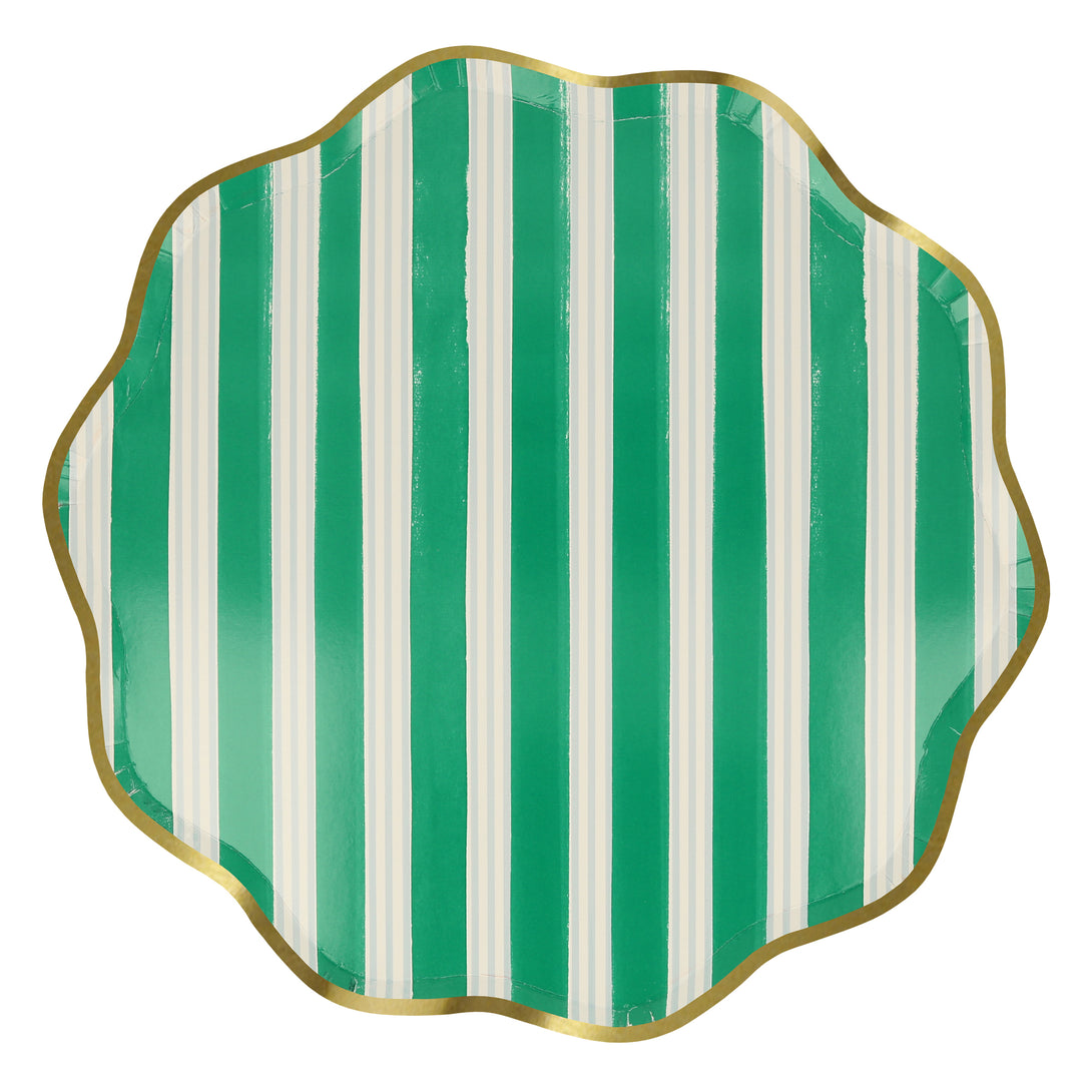 Our Christmas  paper plates feature stylish stripes in festive colors, wavy edges and shiny gold foil borders.