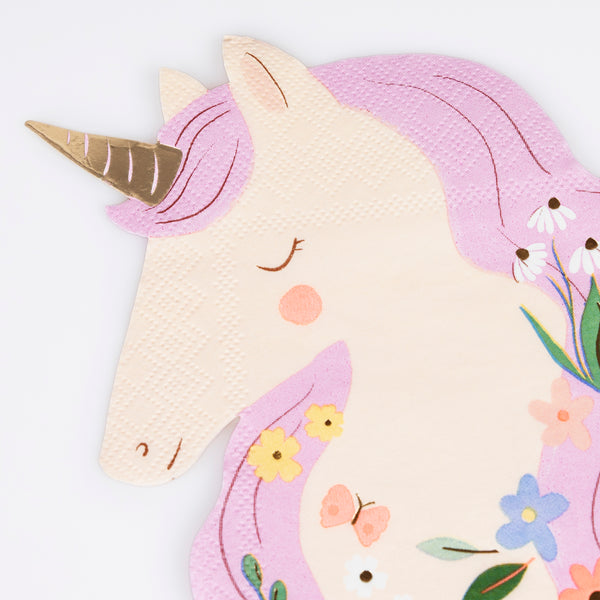Our unicorn party napkins are crafted in the shape of unicorns with pretty flower designs, ideal for unicorn or princess parties. Image2