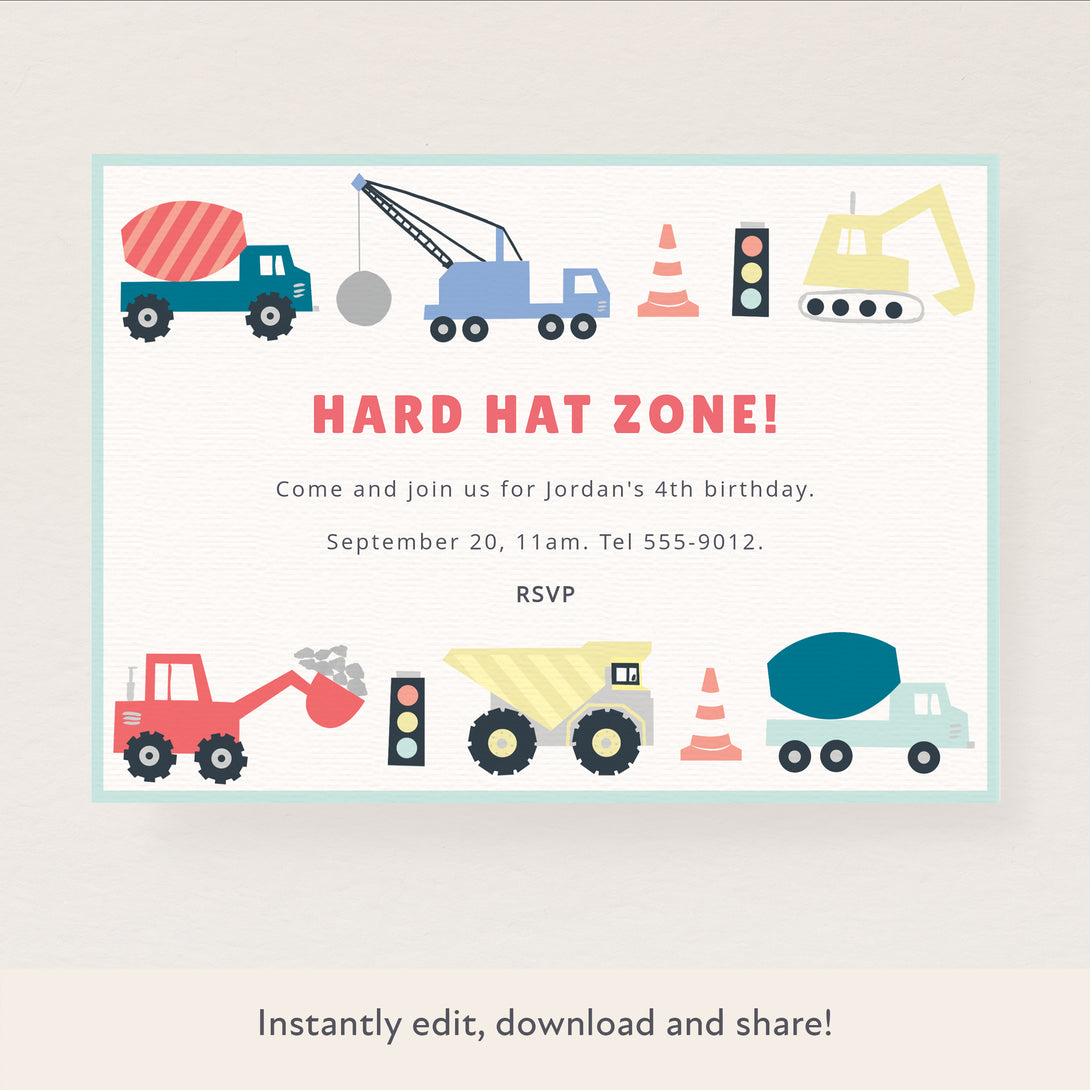 Our fun digital party invitation includes a sweet construction-themed design for kids who love building and vehicles.