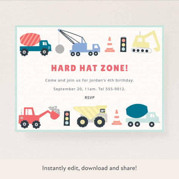 Our fun digital party invitation includes a sweet construction-themed design for kids who love building and vehicles.