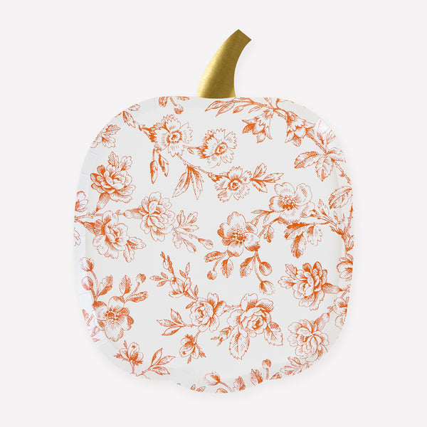 Our pumpkin shaped Thanksgiving dinner plates, made from heavyweight paper, feature an elegant Toile de Jouy print. Image1